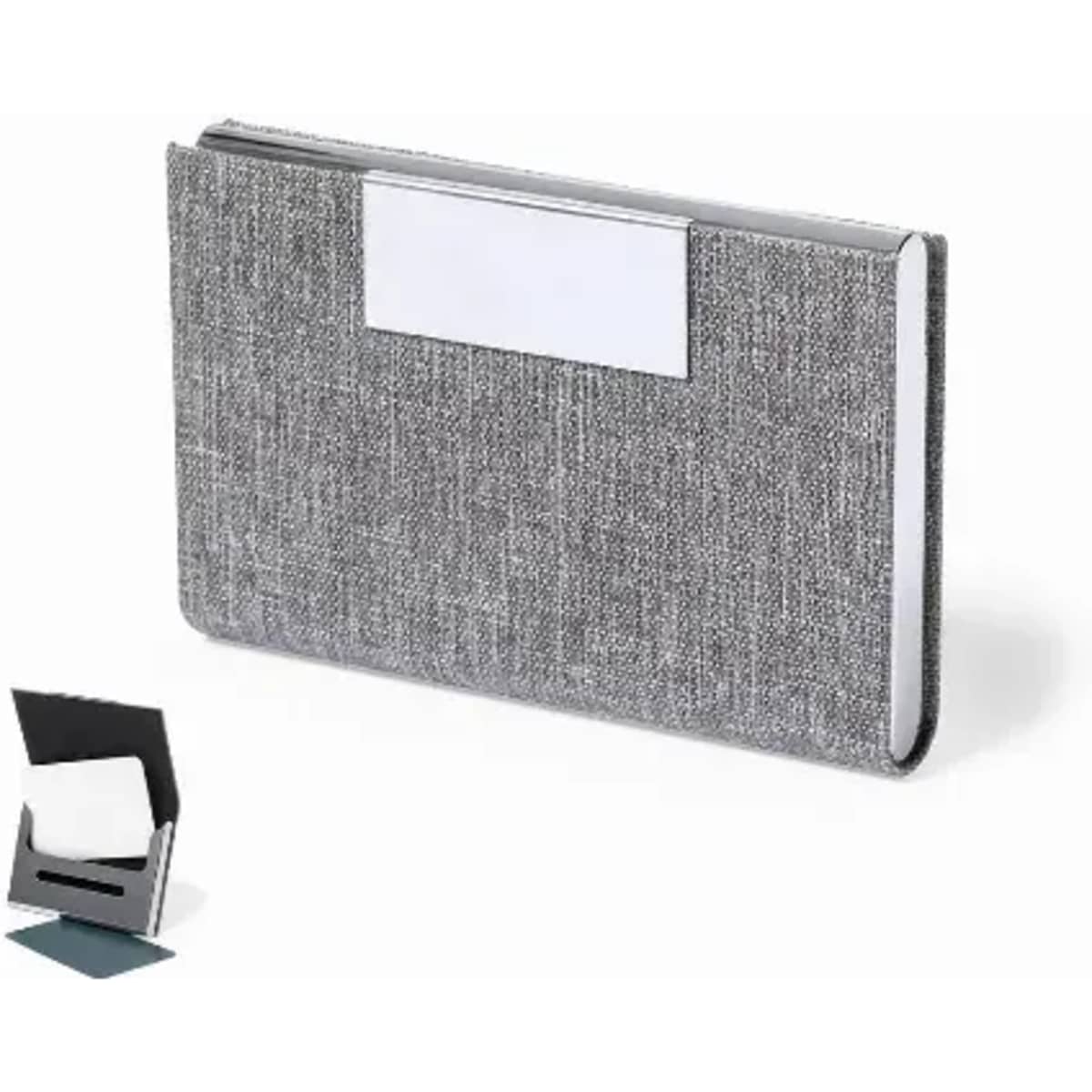 A grey business card holder with a textured fabric design and a sleek, minimalistic look. It includes a stand for display.