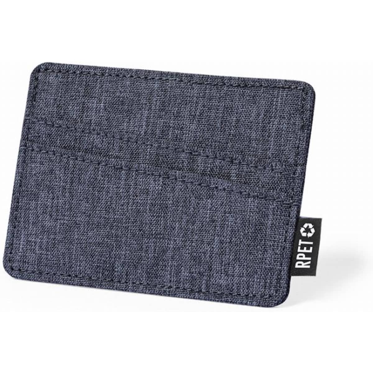 A cardholder in a textured dark grey fabric, featuring a tag that indicates it's made from recycled materials.
