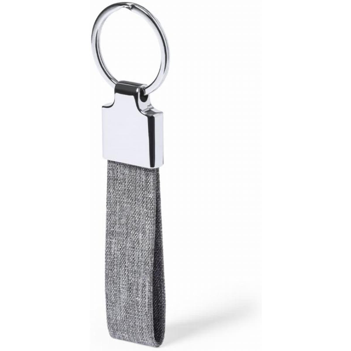 A keyring with a silver metal attachment and a grey fabric strap. The design is sleek and minimalist.