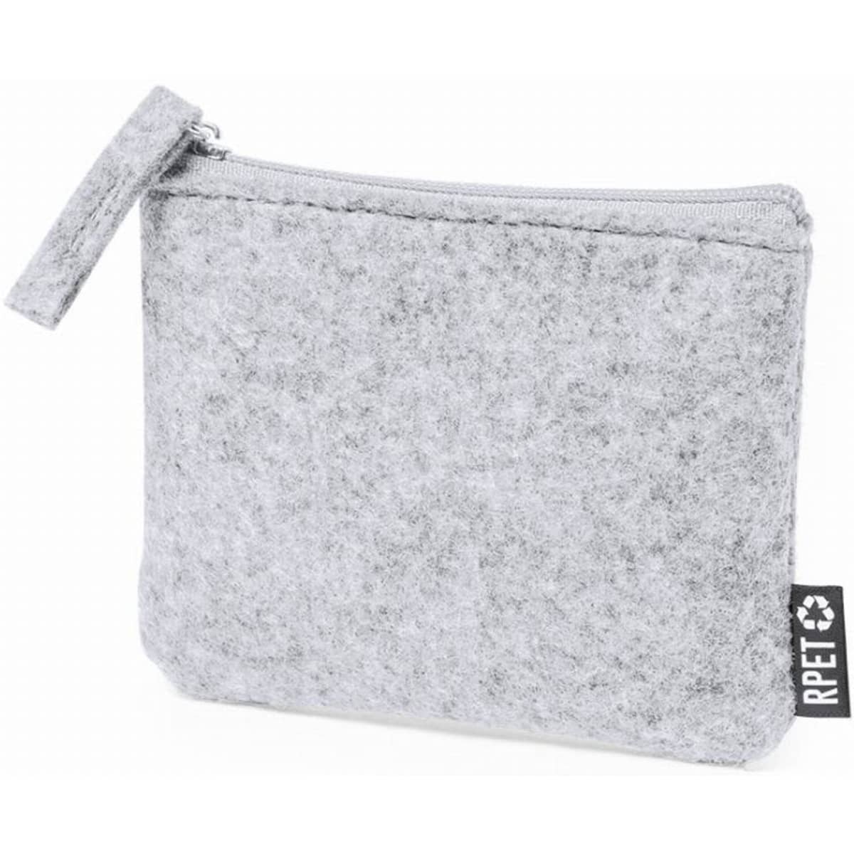 A grey felt zip pouch with a small fabric tag, featuring a zipper closure.