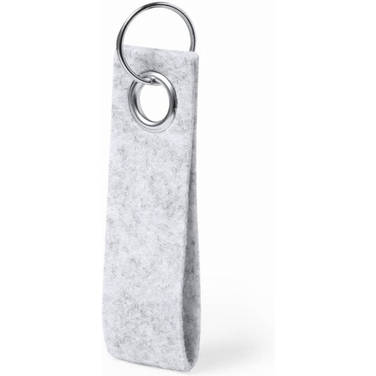 A grey felt keychain with a metal ring for attachment. It has a simple, minimalist design.