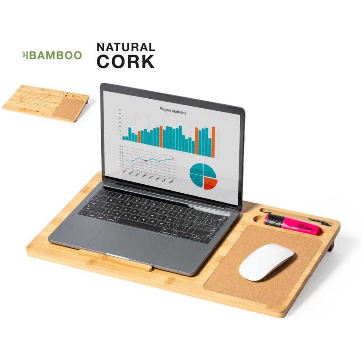 A bamboo laptop desk with a natural cork surface, featuring a laptop, mouse, and stationery items.