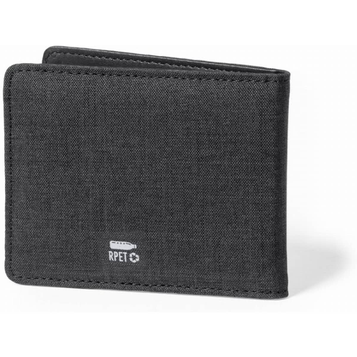 A black wallet made of fabric with stitching details and a logo. It is a bi-fold design.
