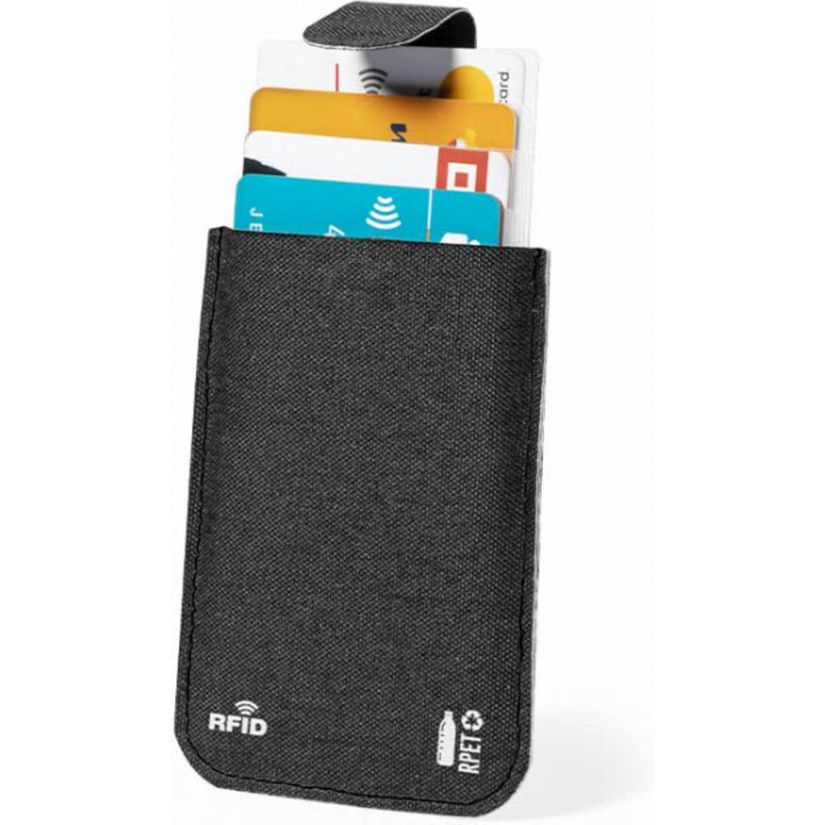 A black RFID card holder with several cards peeking out from the top, featuring a snap closure.