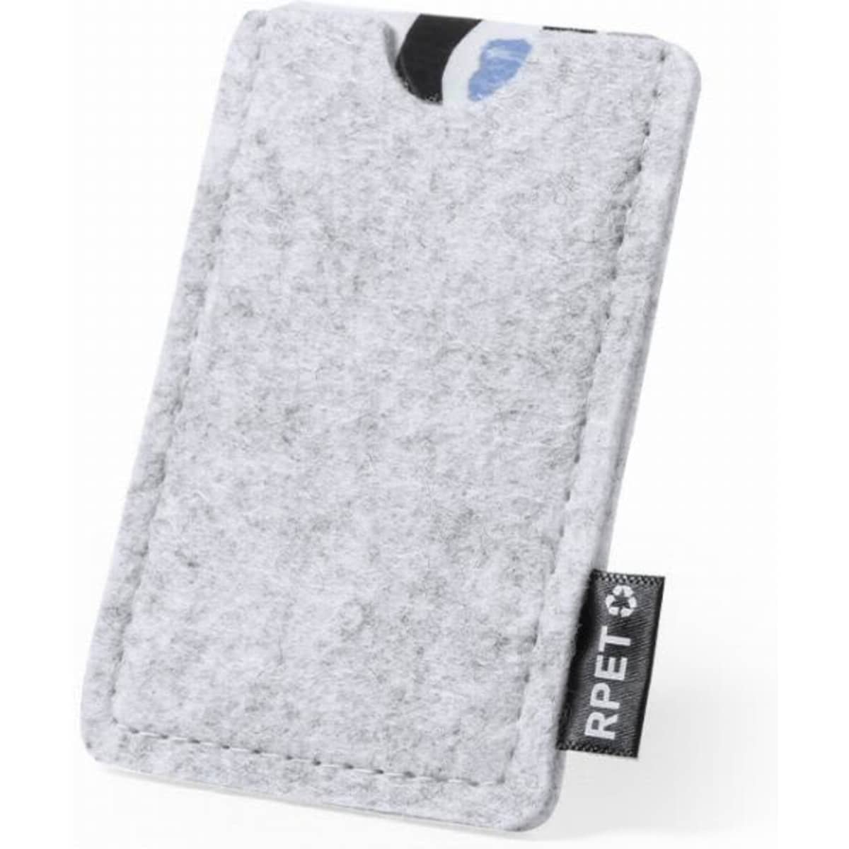 A grey felt card holder with a pocket for cards, featuring a small brand tag.