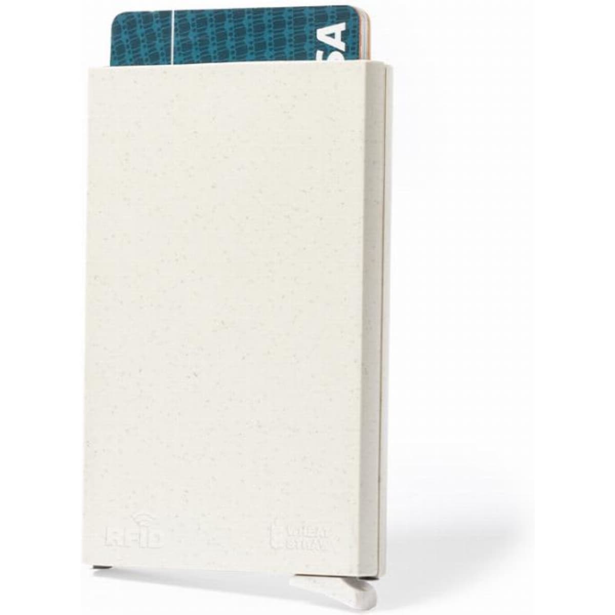 A cardholder in white, designed to hold multiple cards securely, featuring a subtle logo on the front.