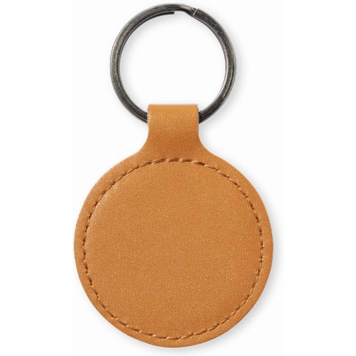 A round tan keyring with a metal loop, featuring a smooth textured surface and stitching details.