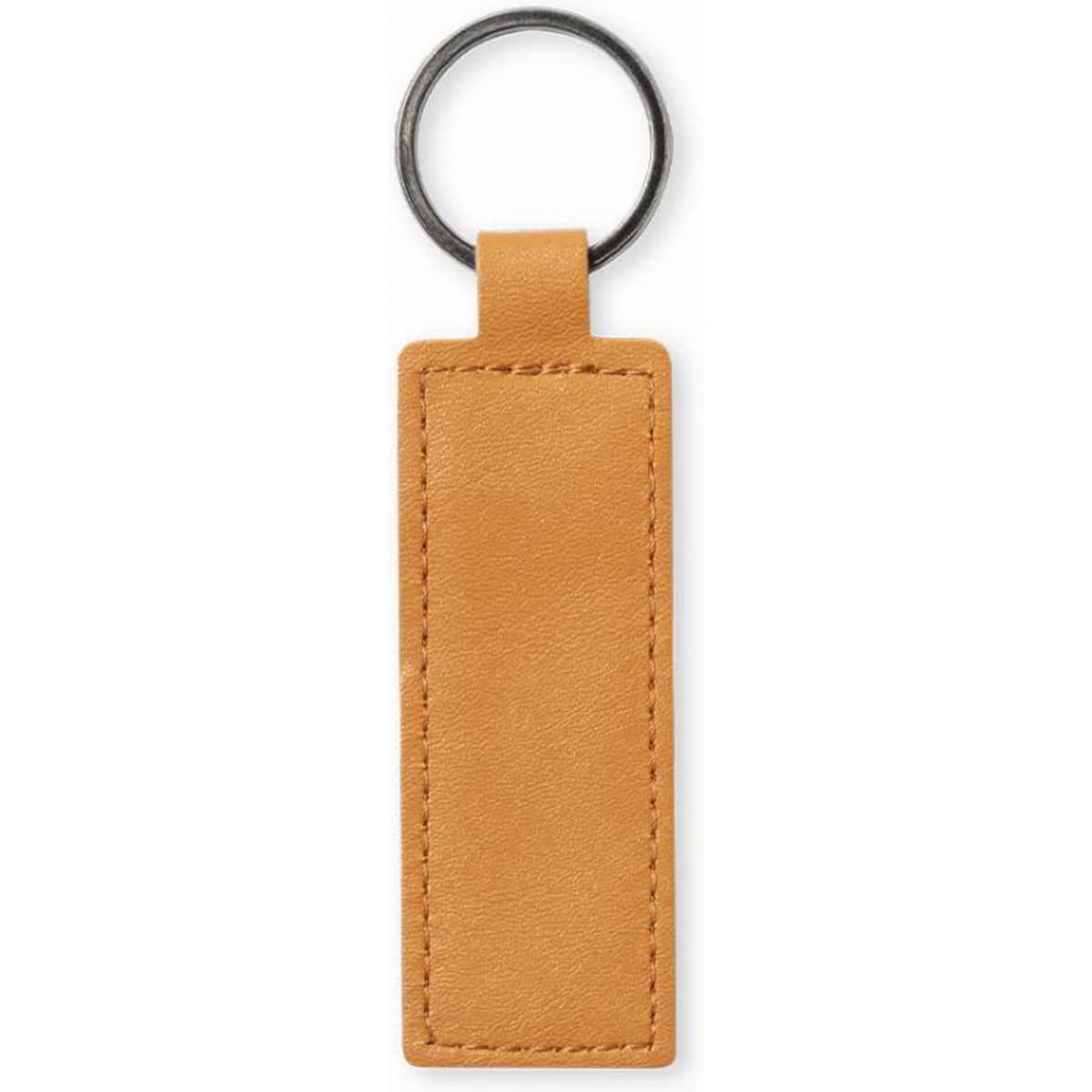 A tan leather keyring with a simple rectangular design and a metal ring for attachment.