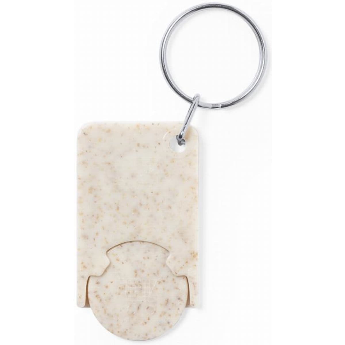 A keyring featuring a textured, light cream-coloured holder with a circular cut-out. It includes a metal keychain.