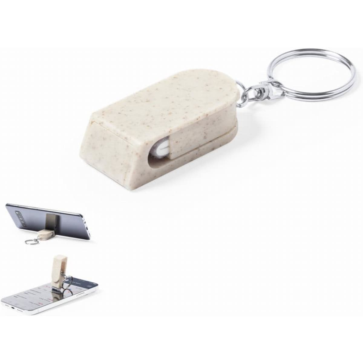A keychain phone stand in a beige colour with a simple design, featuring a keyring attachment.