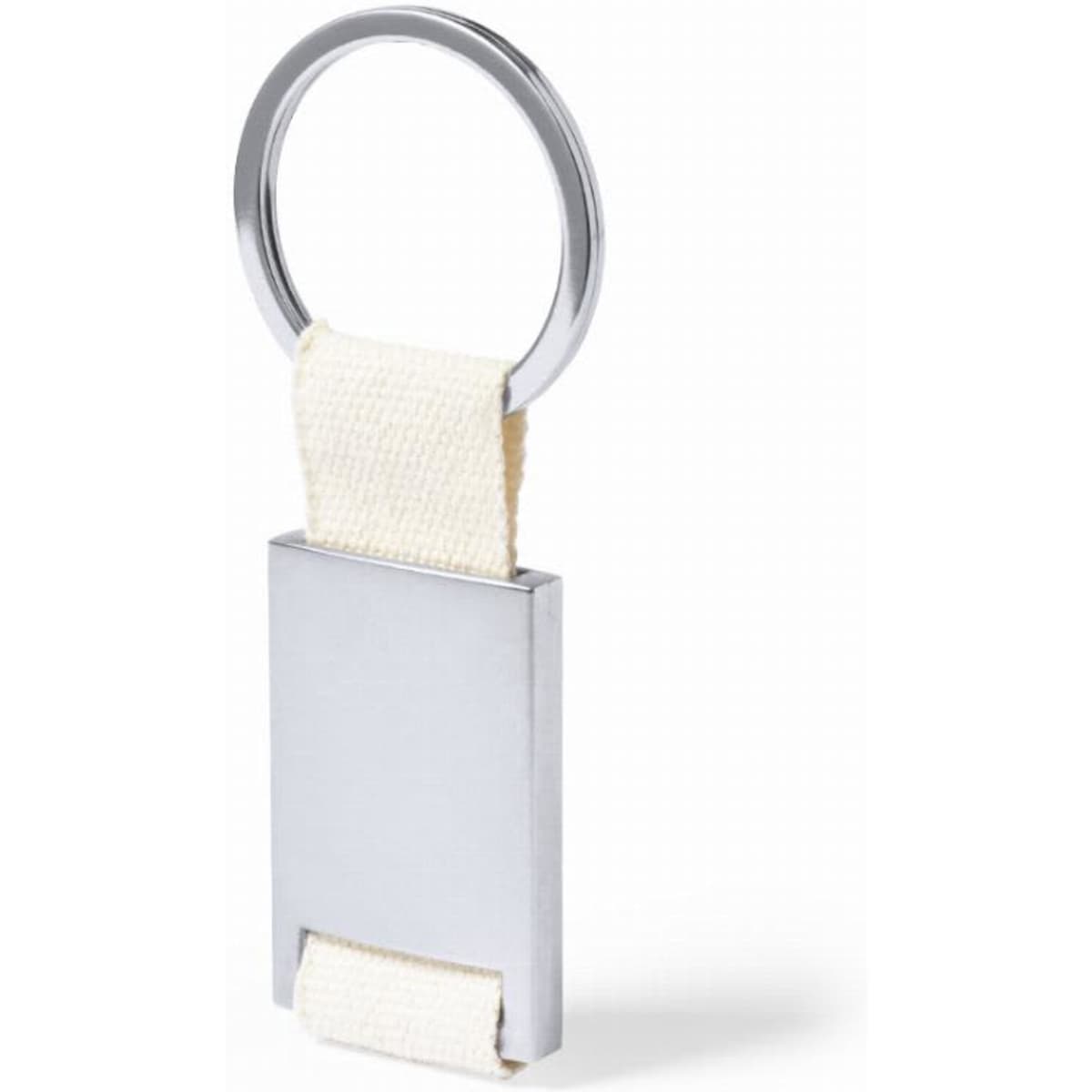 A keyring with a silver metal rectangular tag attached to a fabric loop.