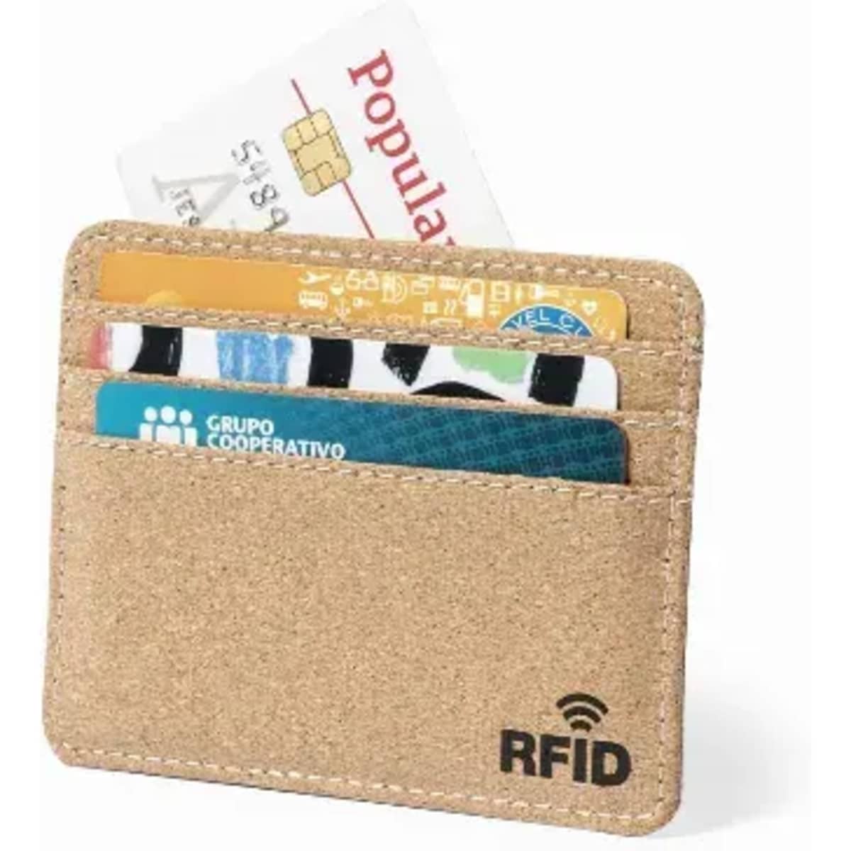 A cardholder in a light brown colour with multiple card slots and an RFID logo. A card slightly protrudes from the top.