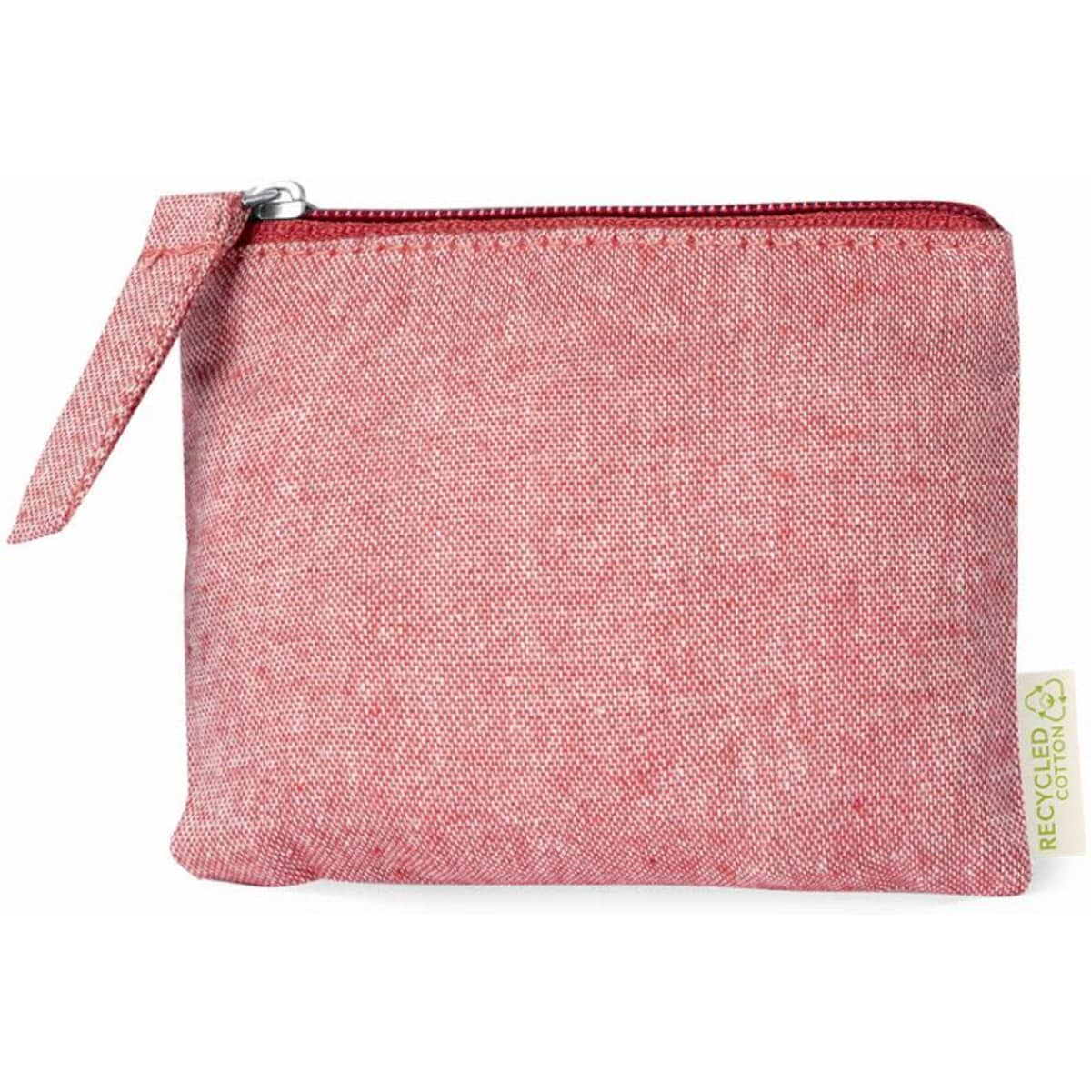 A red recycled fabric pouch with a zip closure and a small handle. It features a branding label on the side.