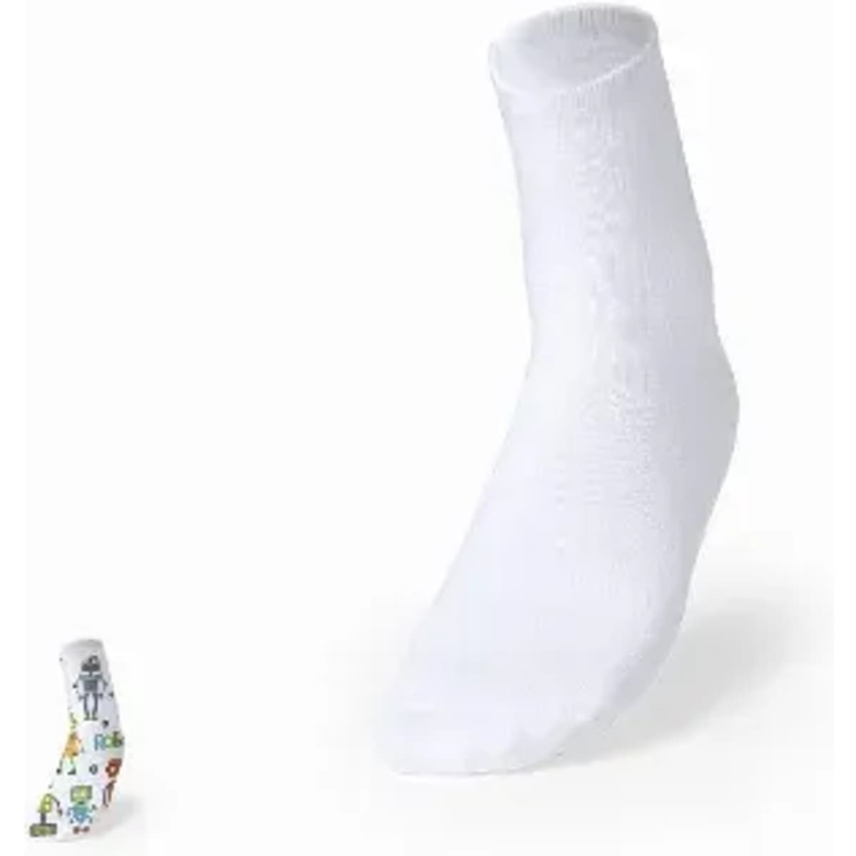 A pair of white socks, one sock upright, featuring a colourful robot design on the other.