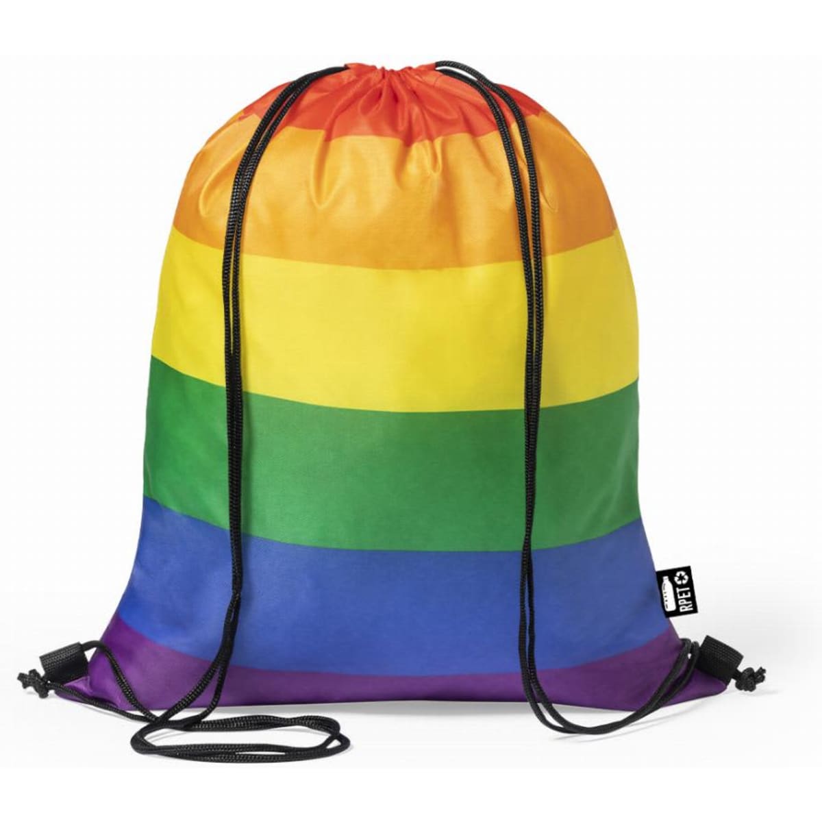A drawstring backpack featuring a rainbow stripe design in vibrant red, orange, yellow, green, blue, and purple.