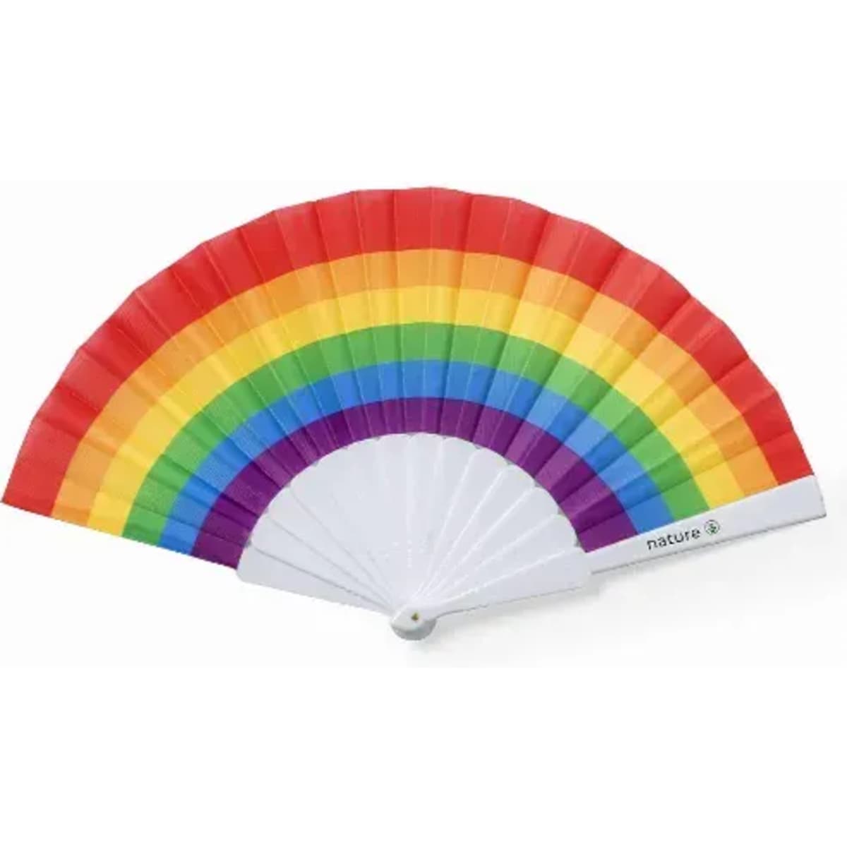 A fan with a vibrant rainbow design featuring red, orange, yellow, green, blue, and purple colours.