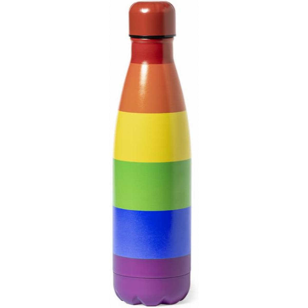 A drink bottle featuring horizontal stripes in red, orange, yellow, green, blue, and purple with a shiny finish and a black cap.
