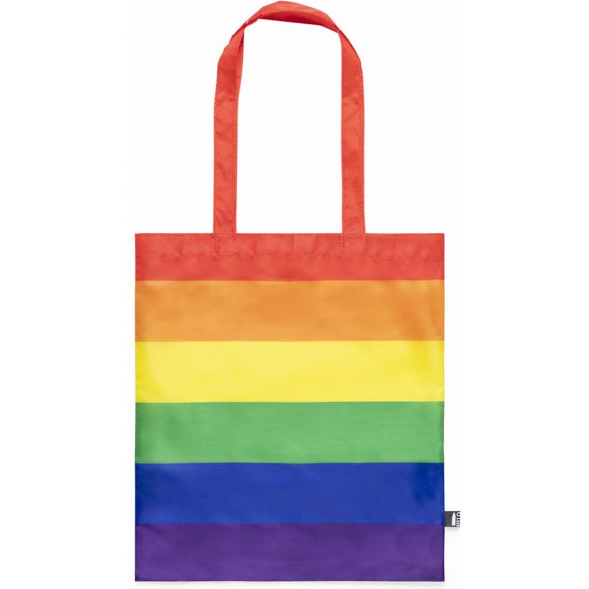 A tote bag featuring vibrant rainbow stripes in red, orange, yellow, green, blue, and purple. It has matching handles and a logo.