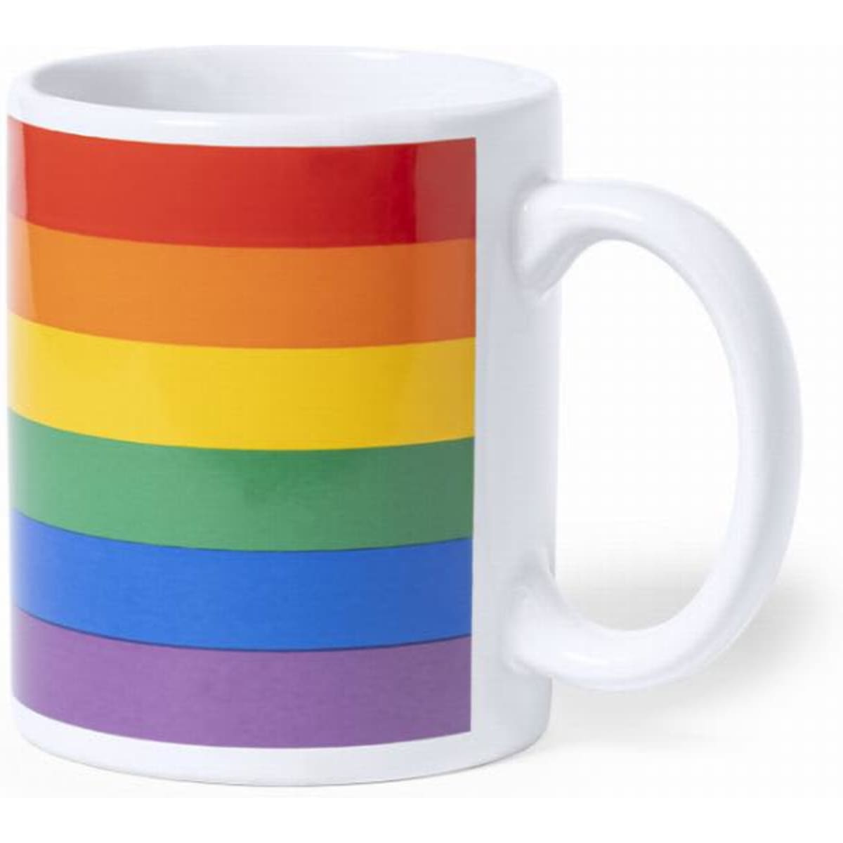 A white mug featuring a vibrant rainbow flag design with horizontal stripes in red, orange, yellow, green, blue, and purple.