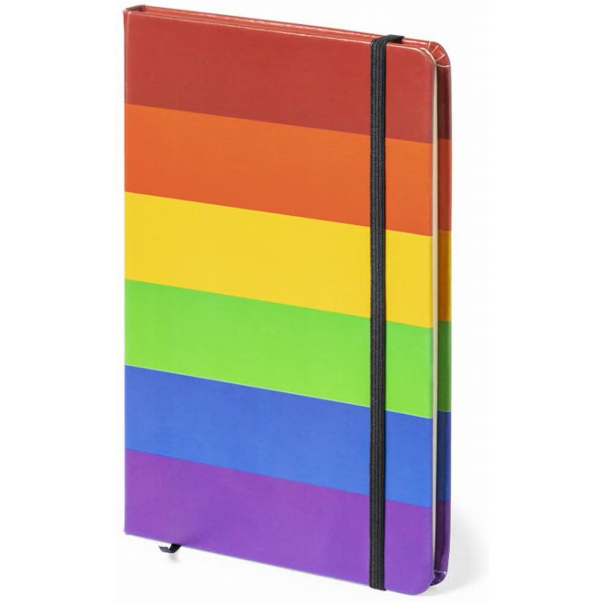 A notebook with a rainbow stripe design featuring red, orange, yellow, green, blue, and purple colours. It has a black elastic band.