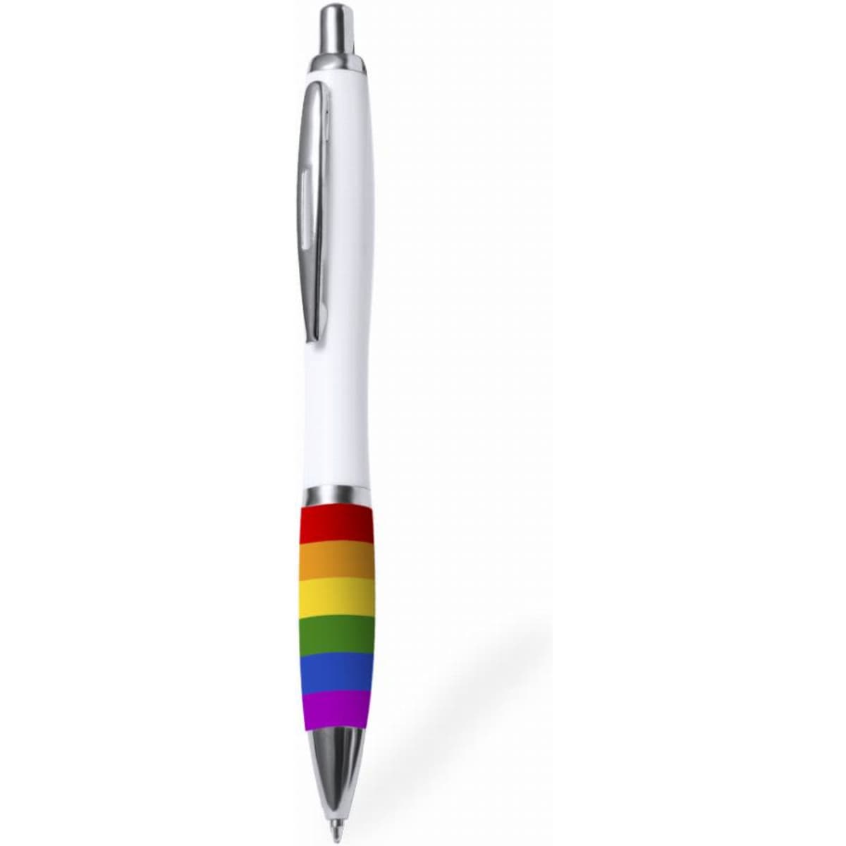 A pen with a white body and a vibrant rainbow-striped grip, featuring a silver clip and tip.