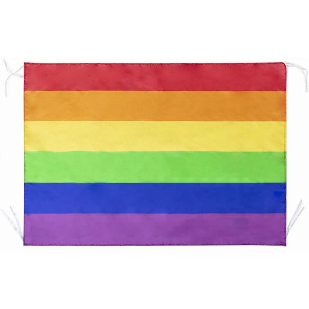 A flag featuring horizontal stripes in red, orange, yellow, green, blue, and purple, with ties for display.
