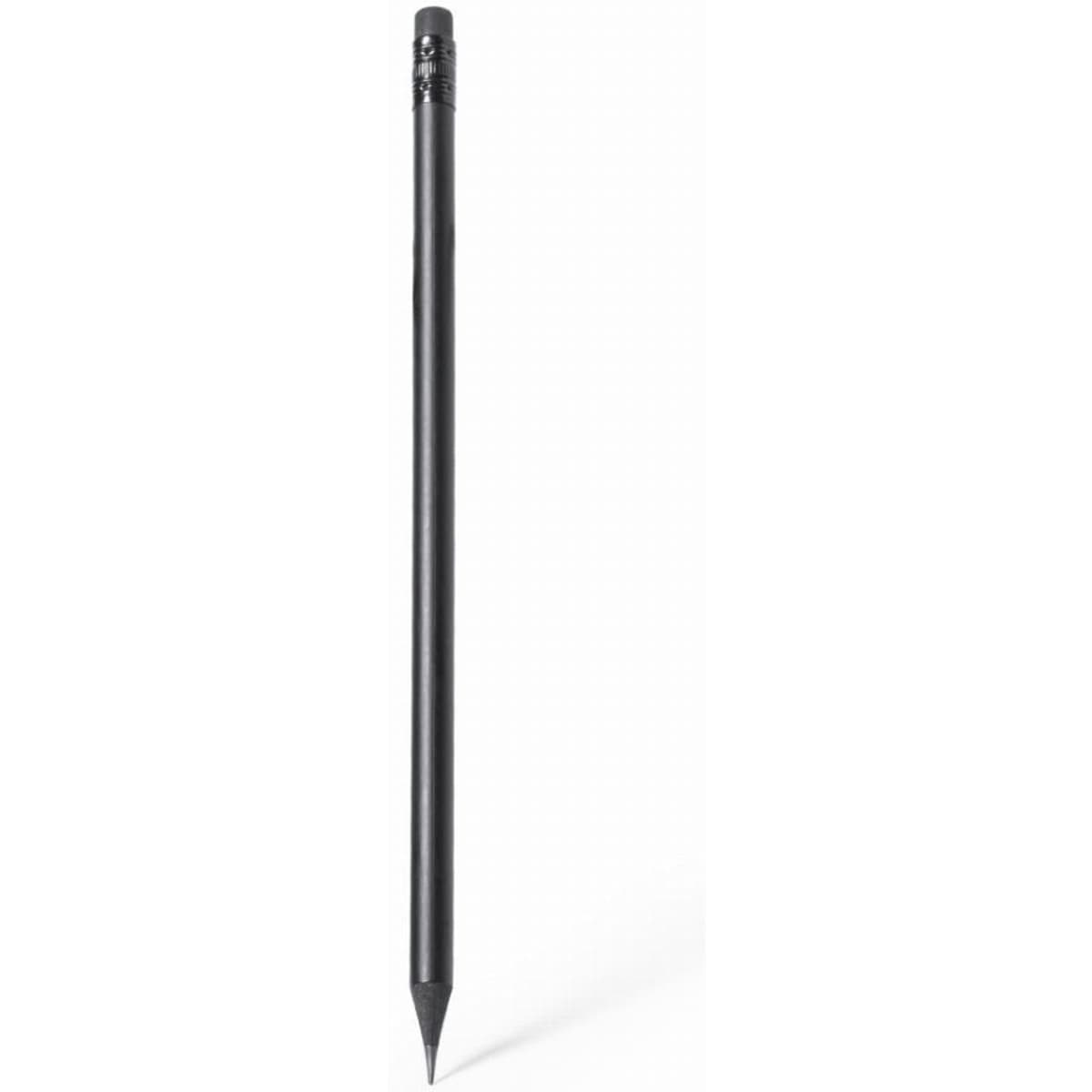 A black pencil with a sleek design, featuring a sharpened tip and a simple branding logo at the top.