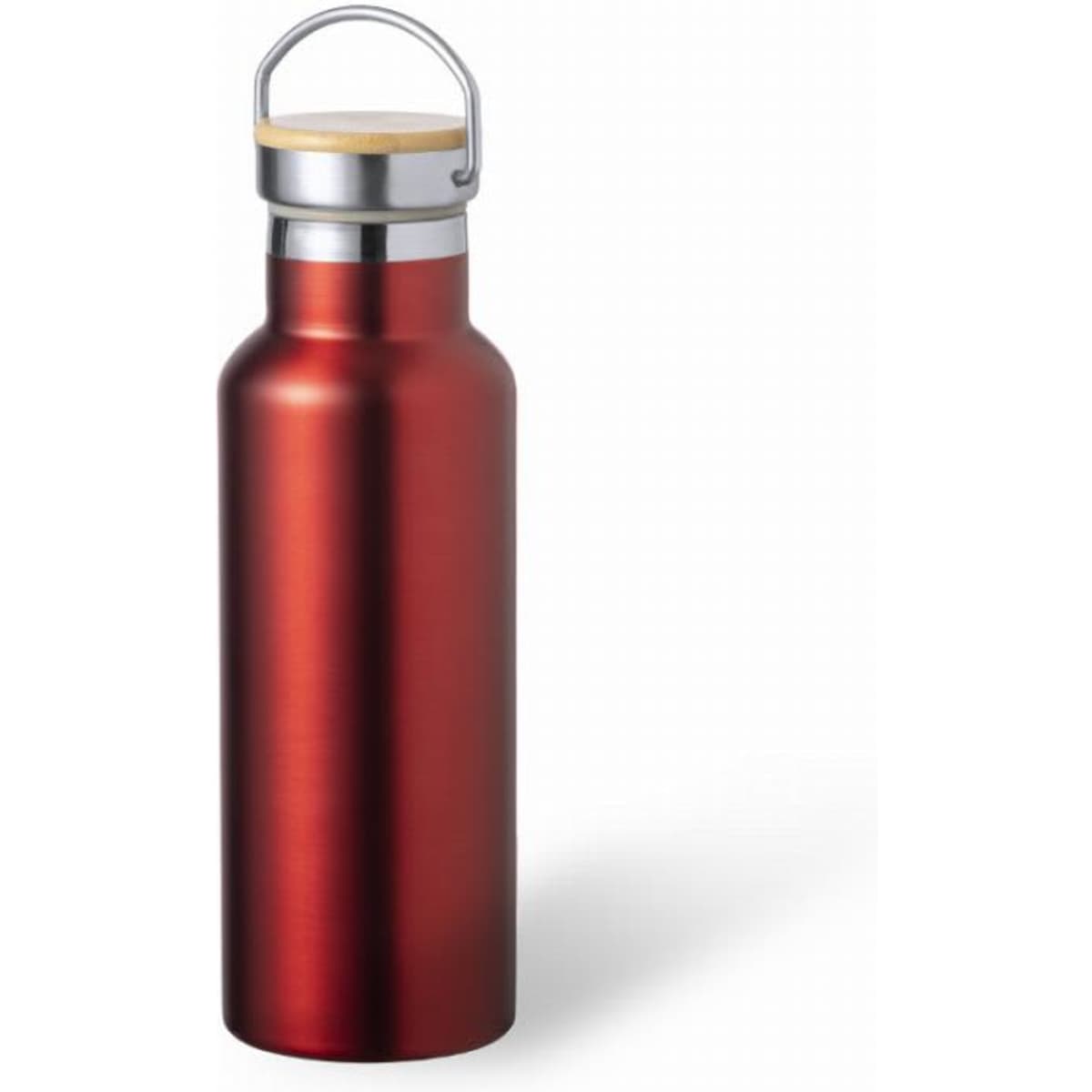 A drink bottle in a glossy red finish with a silver lid and wooden accent. It features a metal handle for easy carrying.