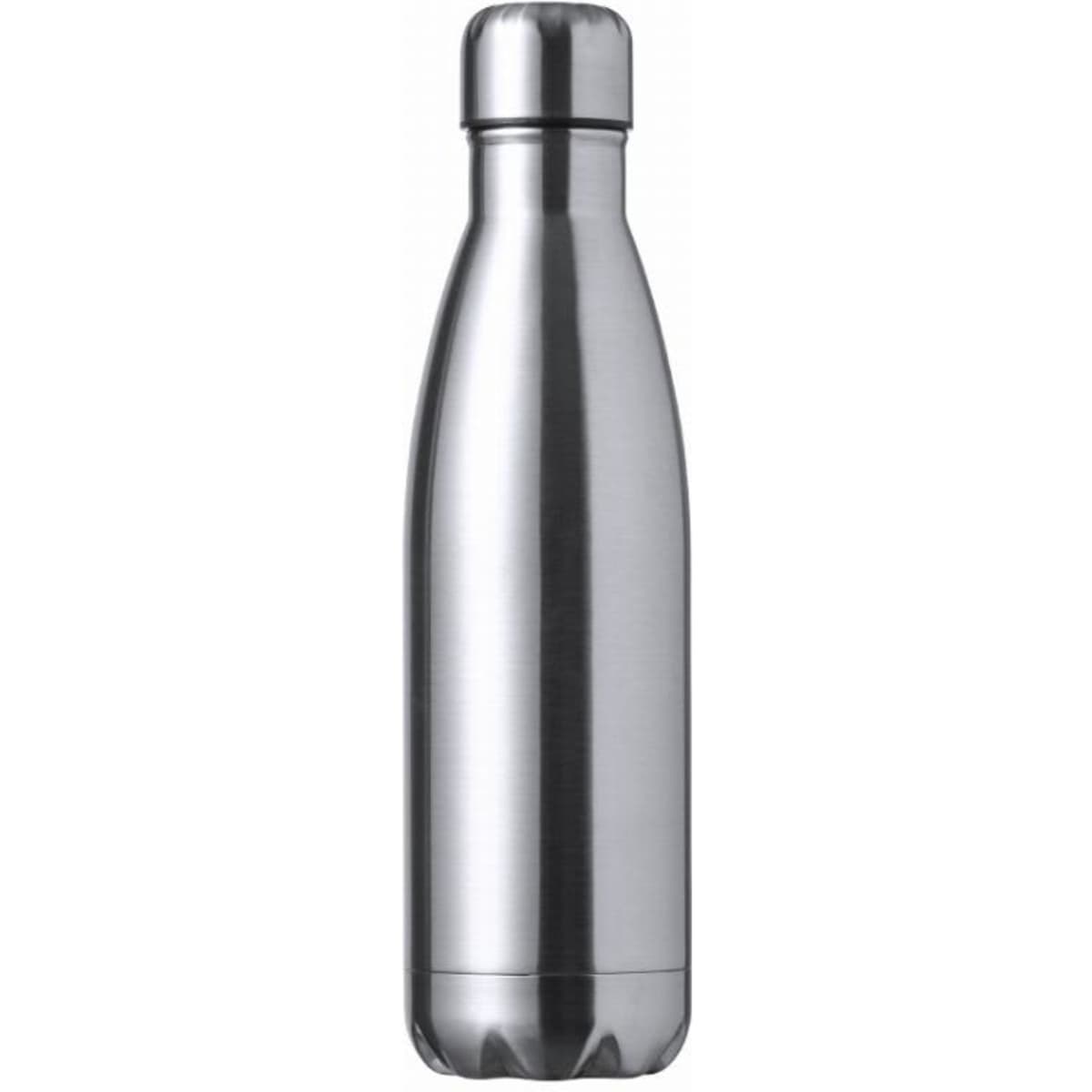 A drink bottle made of stainless steel, featuring a sleek, silver design and a rounded cap.