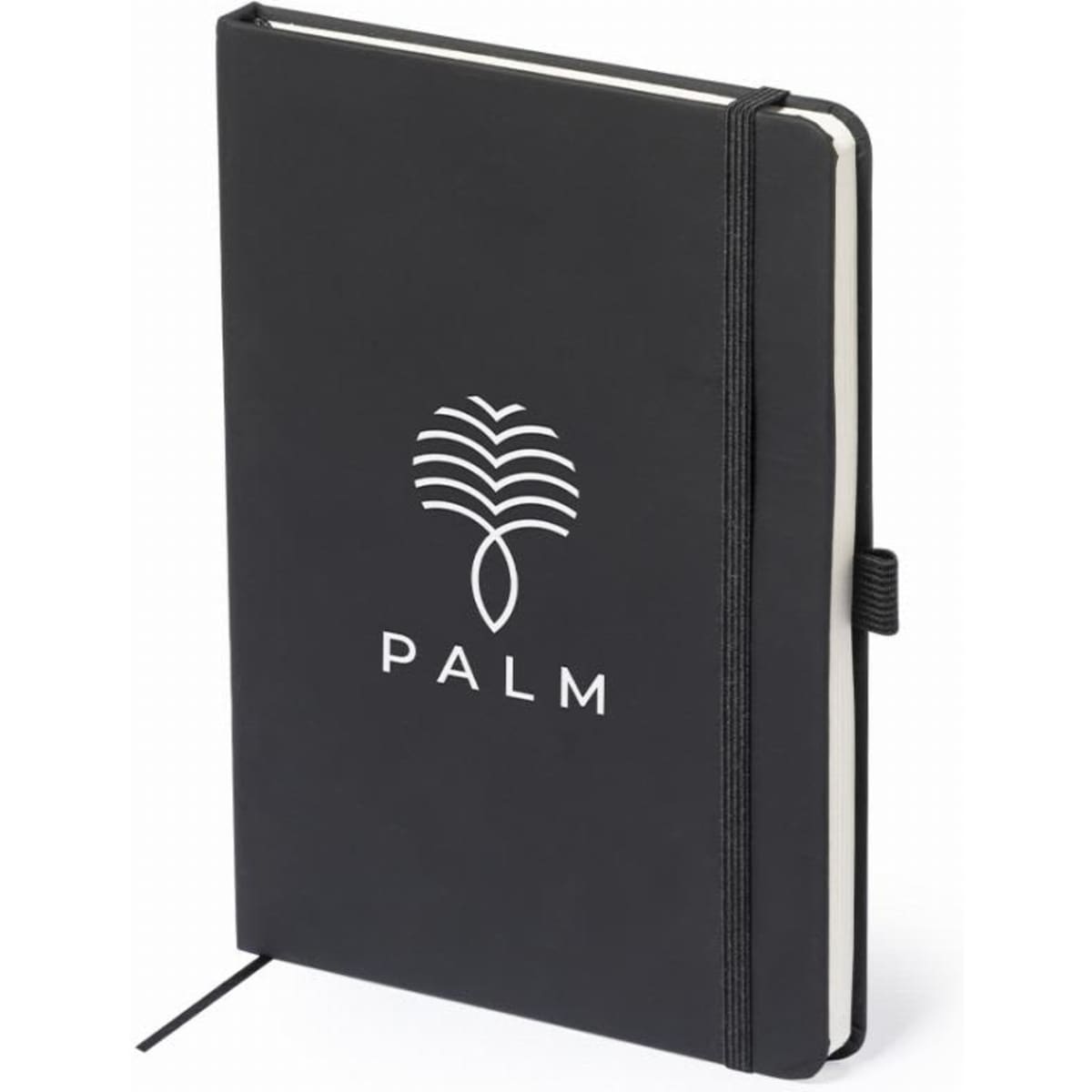A black notebook with a white logo featuring a palm tree design and an elastic band closure.
