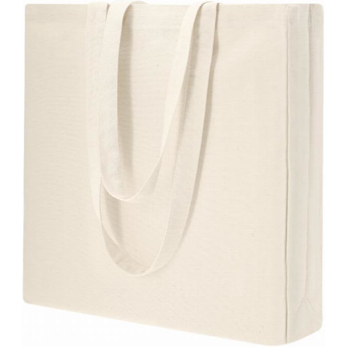 A tote bag in a natural cream colour with two long handles and a simple design.