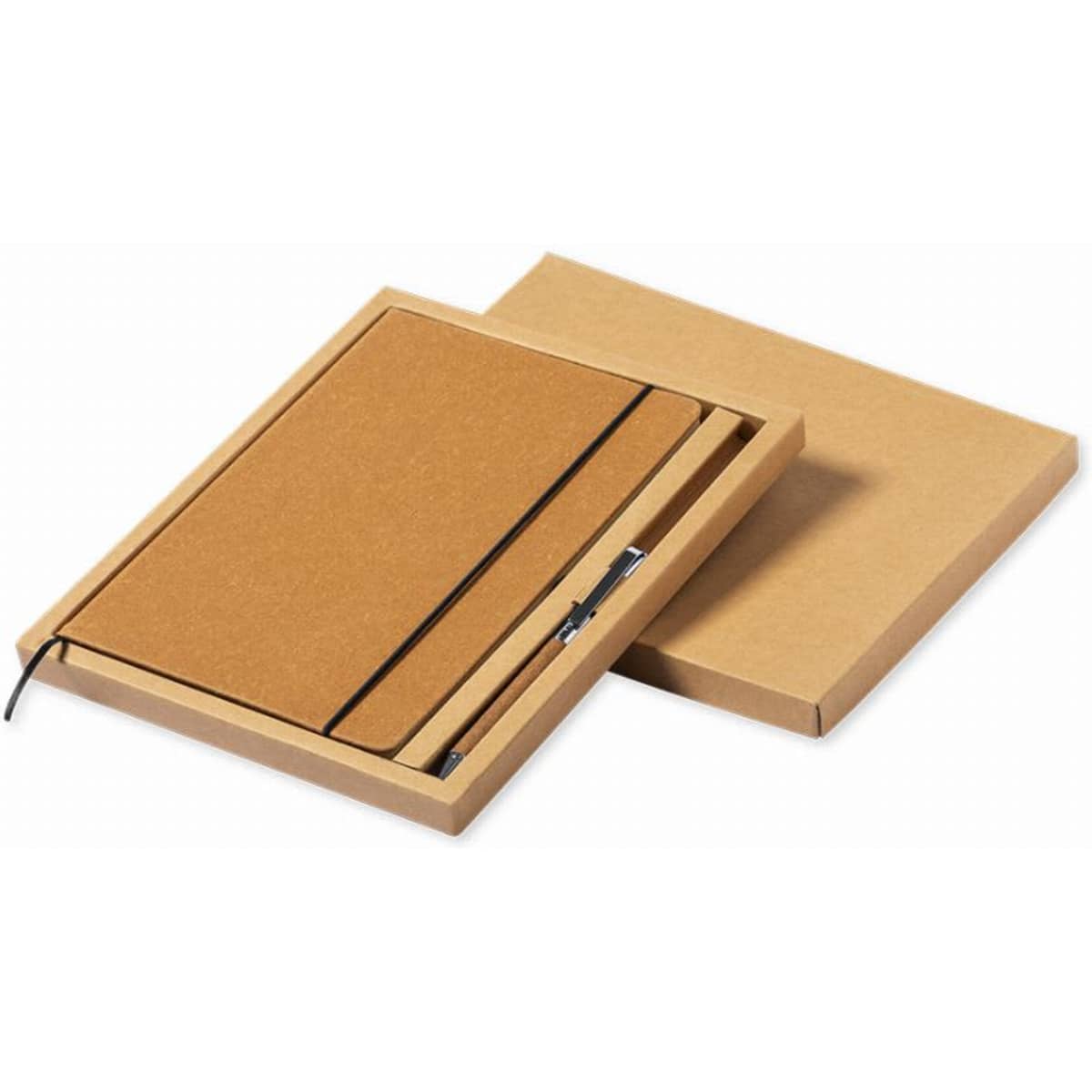 A brown notebook in a matching kraft gift box, featuring an elastic band and a pen.