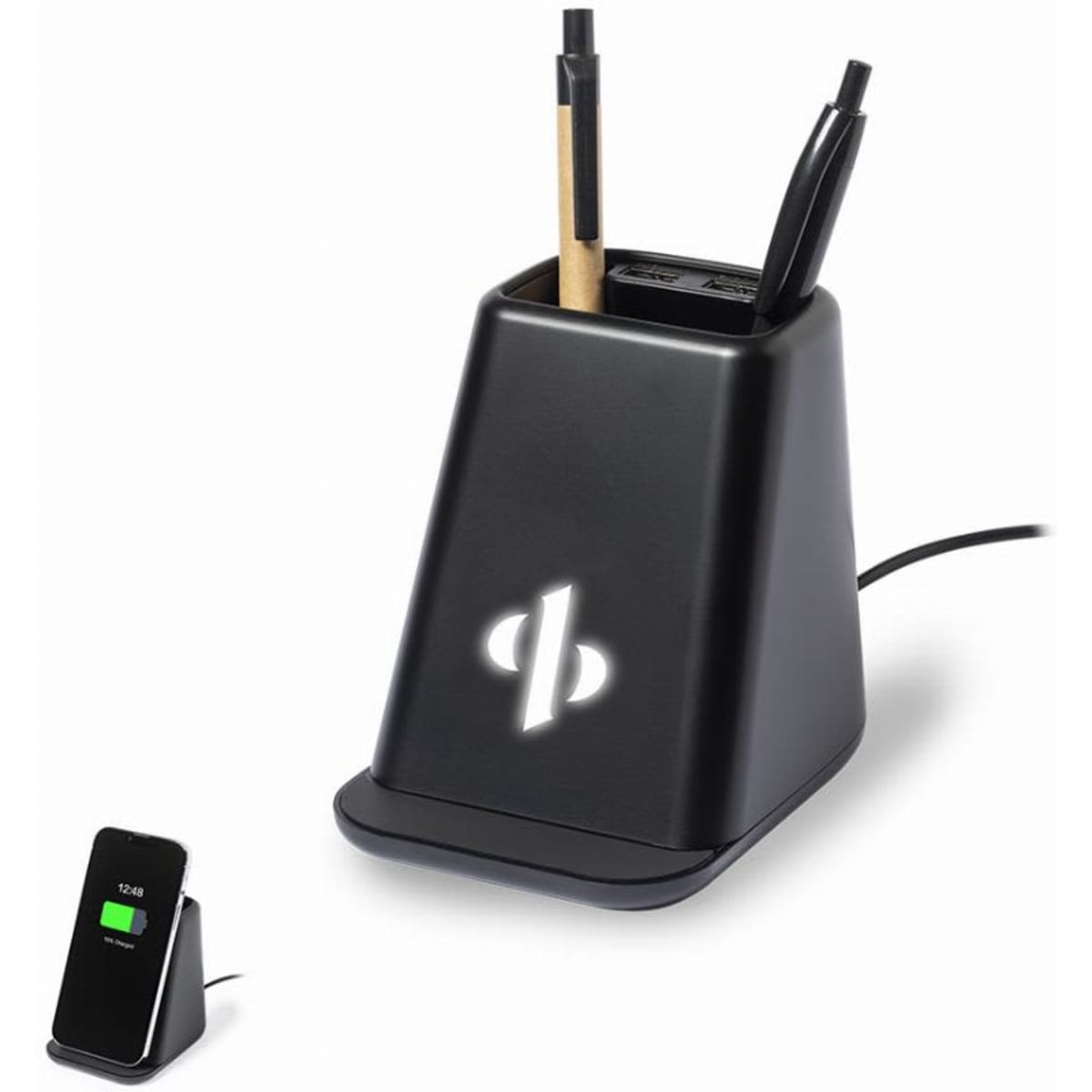 A pen holder in black with a charging pad, featuring a logo and holding pens. The design is sleek and modern.