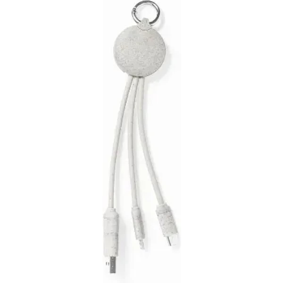 A multi-cable charging accessory in grey with a round connector and three different ends for various devices.