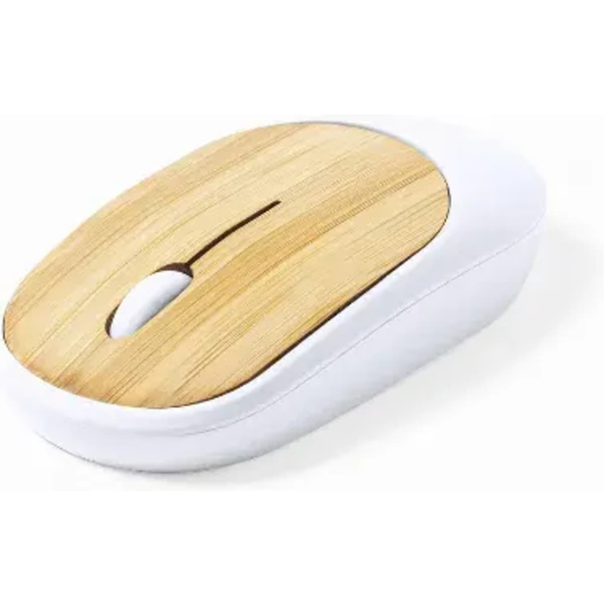 A mouse with a bamboo top and a white base, featuring a smooth design and a central scroll wheel.