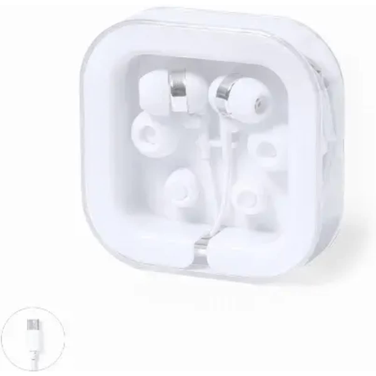 A pair of white earphones in a clear square case. The case has a logo on the front.