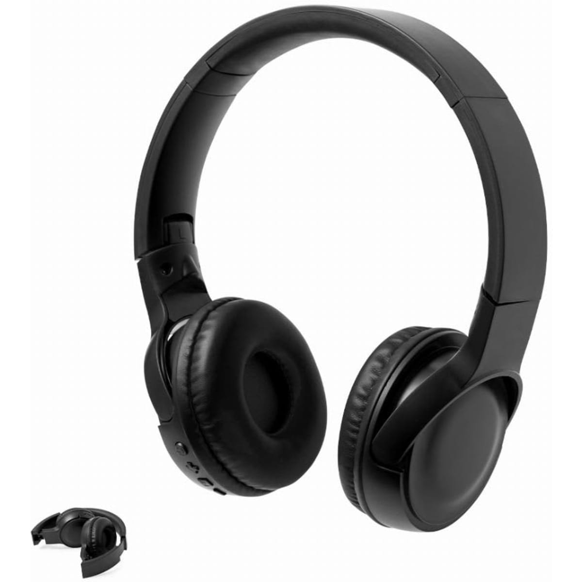 Black wireless headphones with padded ear cups and a foldable design. Features a sleek, minimalist look.