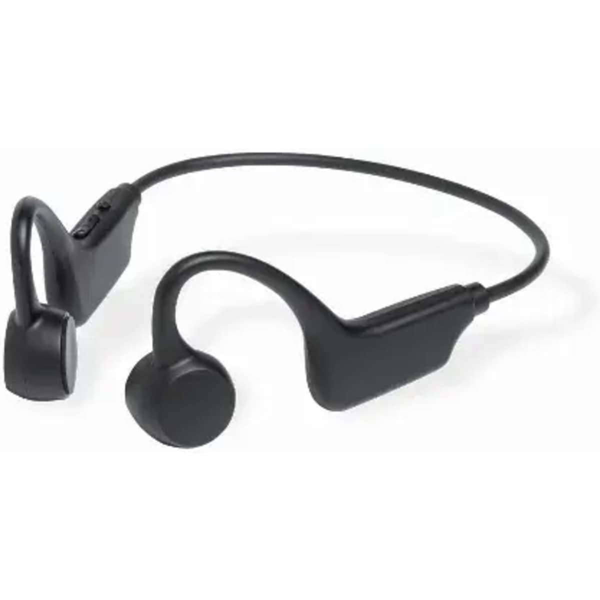 A black wireless headset with an embedded neckband and open-ear design for comfortable wear.