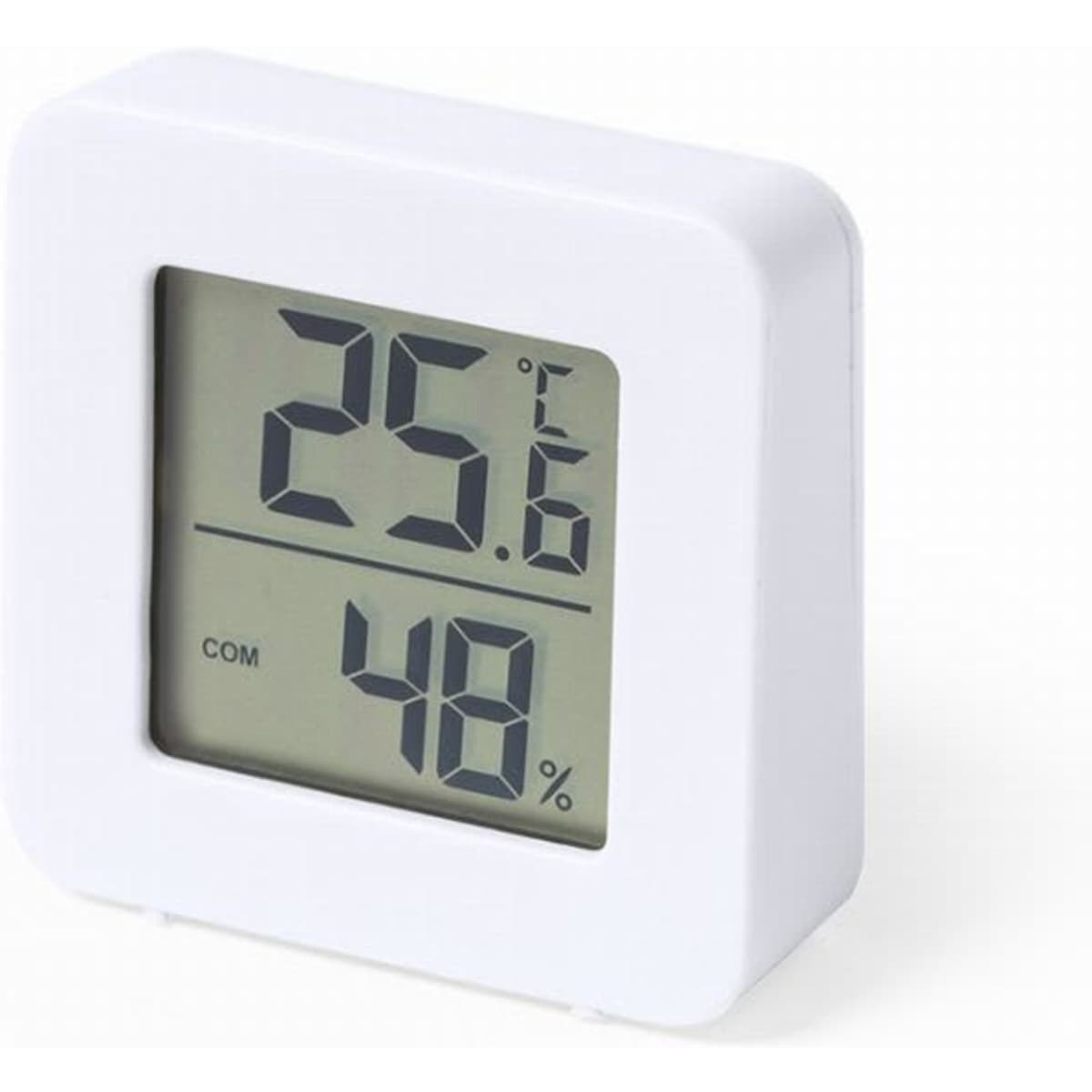 A digital temperature and humidity monitor in white, displaying a temperature of 25.6°C and 48% humidity.