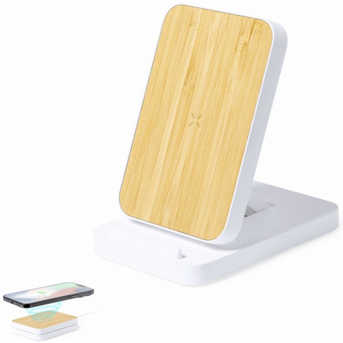 A wireless charger with a bamboo top and a white base, designed for charging mobile devices.