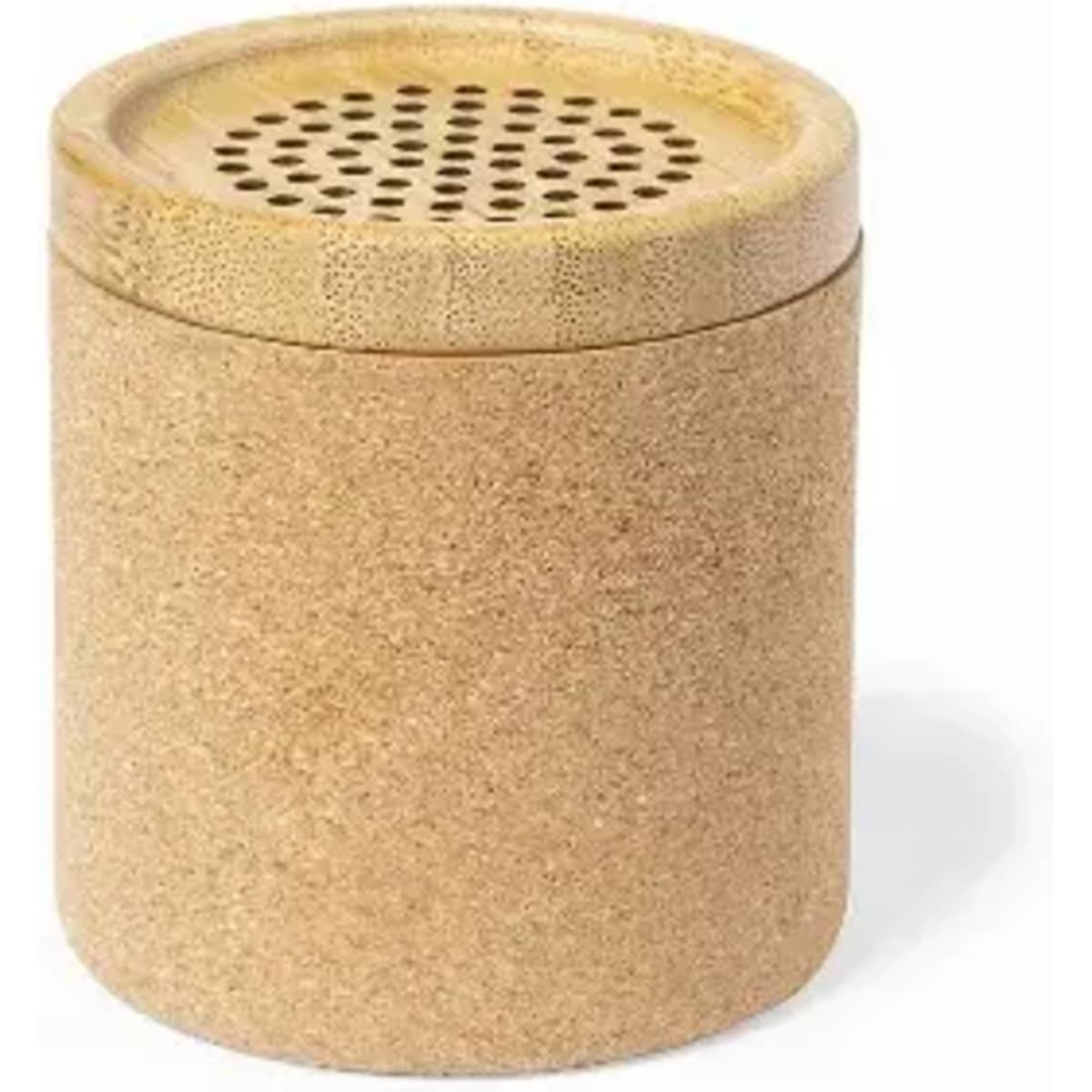 A cylindrical container in a natural brown colour with a perforated lid, featuring a textured surface.