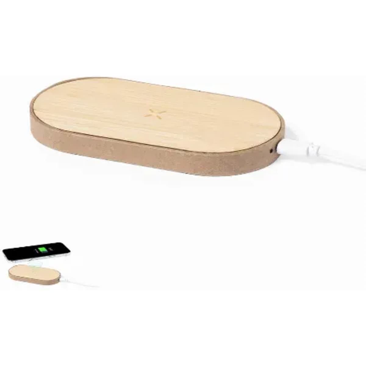 A wireless charger with a bamboo panel and a light wooden base, featuring a charging indicator and a cable.