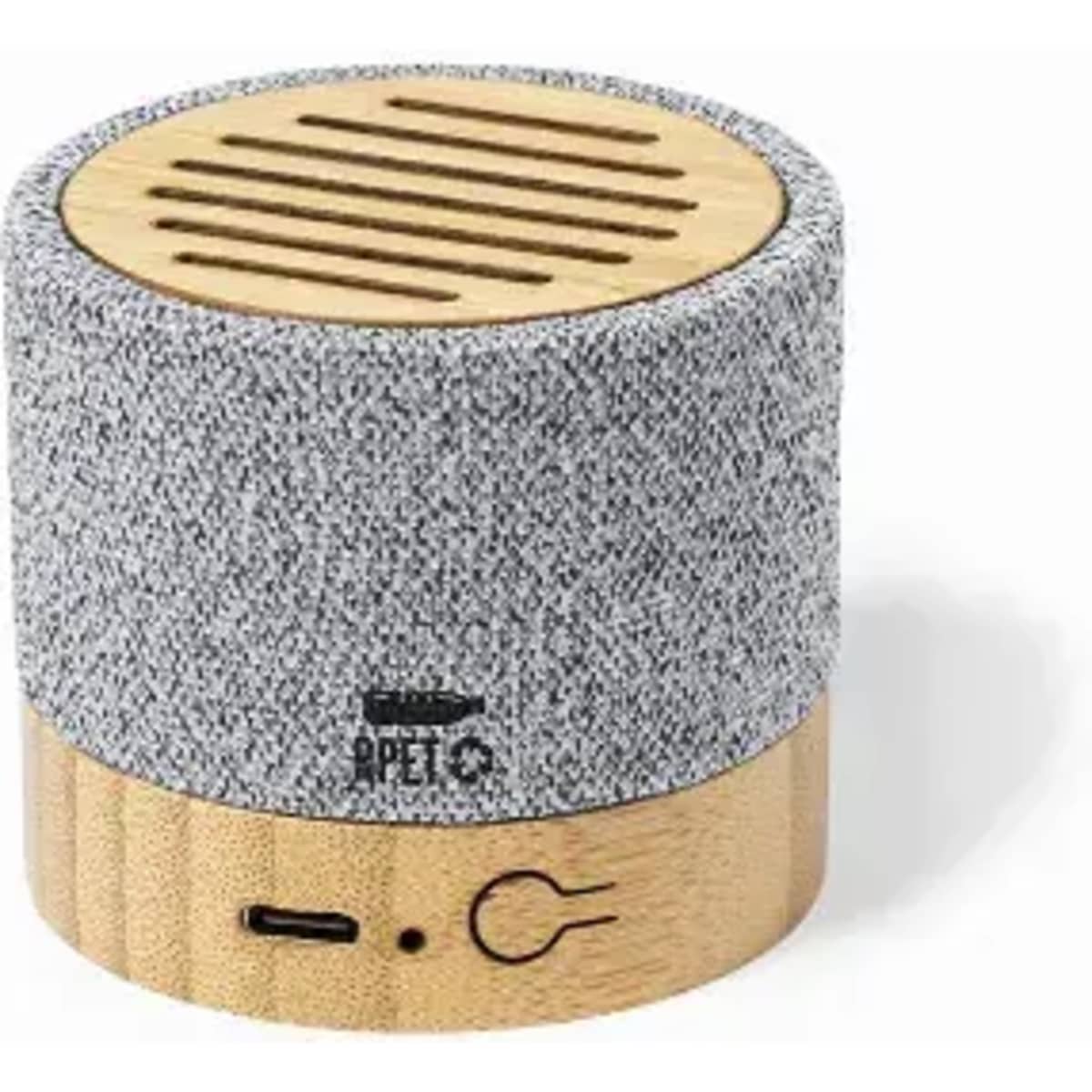 A portable speaker with a grey fabric covering and a bamboo base, featuring slotted speaker openings.