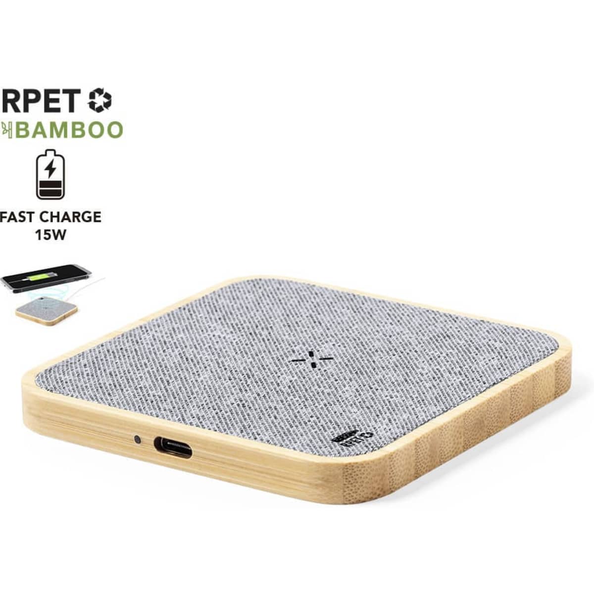 A wireless charging pad featuring a bamboo base and grey textile surface, with a USB-C port for charging.