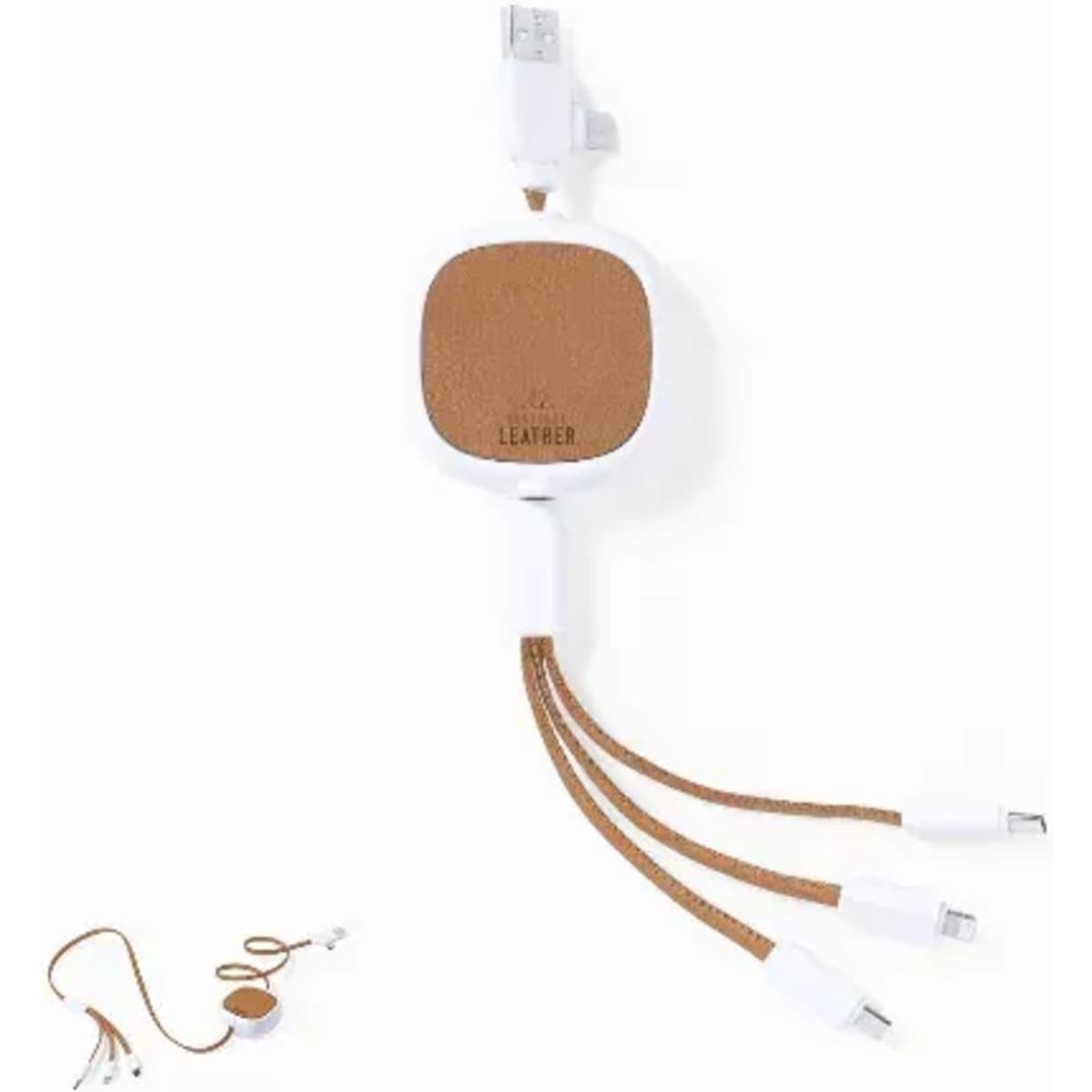 A retractable charging cable in white with a brown leather section, featuring multiple connectors.