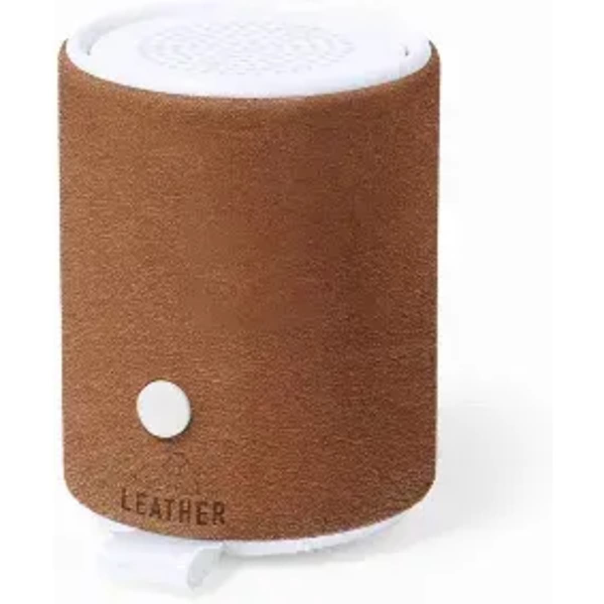A portable speaker with a brown leather exterior and white accents, featuring a button and a logo.