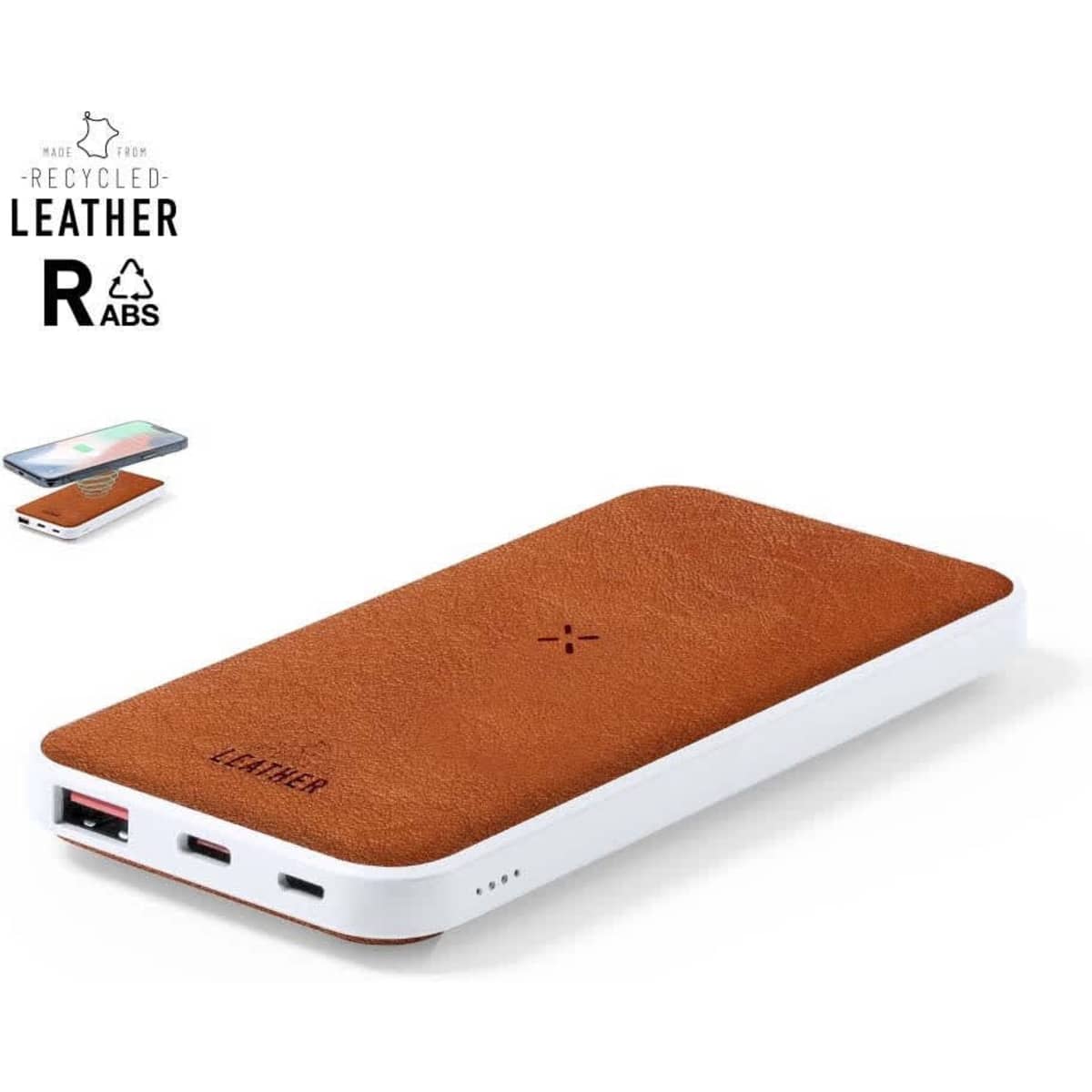 A power bank featuring a brown recycled leather exterior with white casing and multiple charging ports.