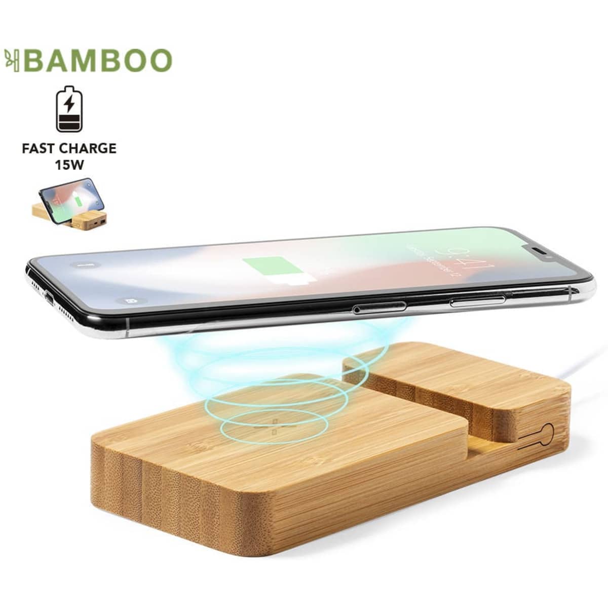 A wireless charger made of bamboo, with a sleek design, showcasing a smartphone above it.