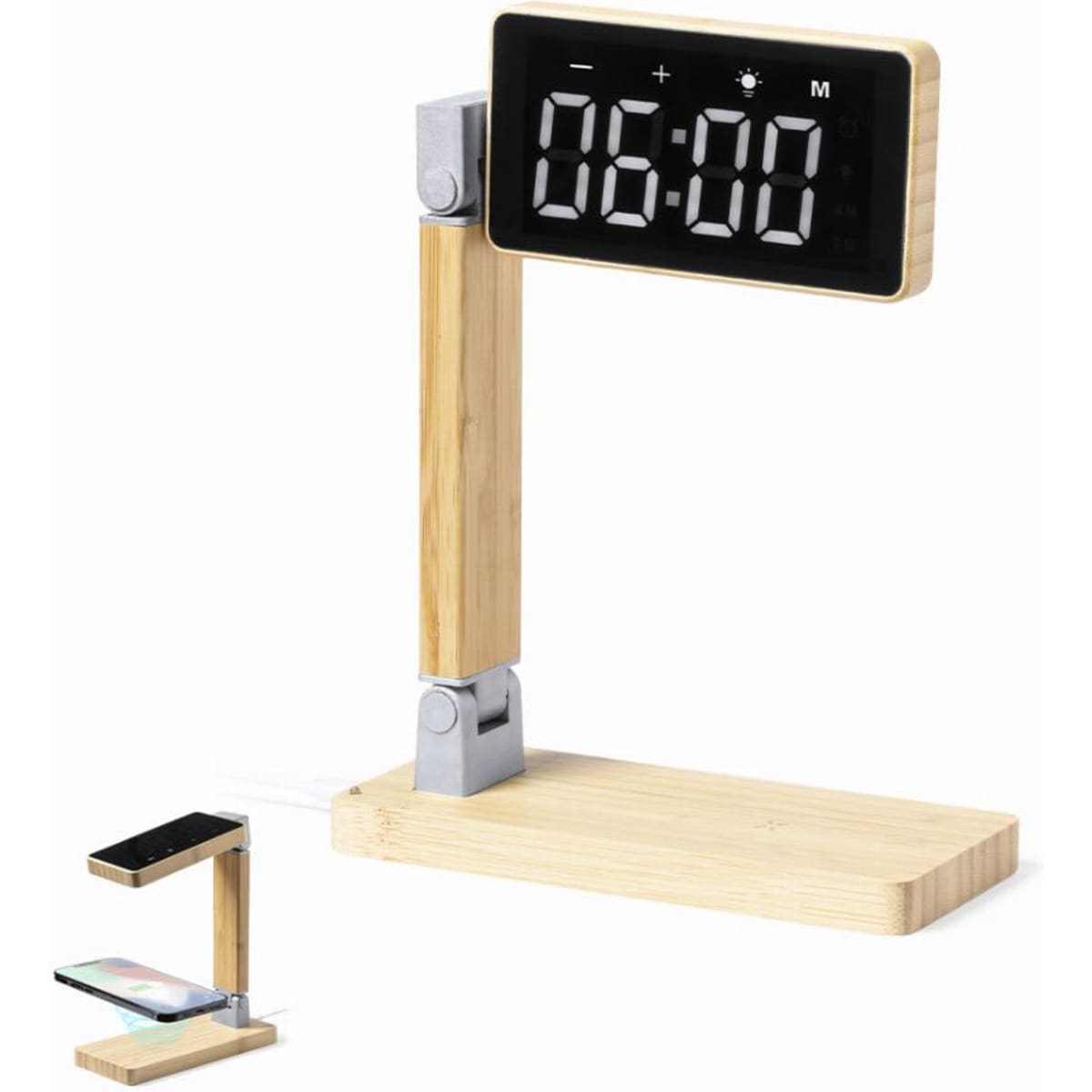 A digital alarm clock with a wooden design, featuring a display and a charging pad for devices.