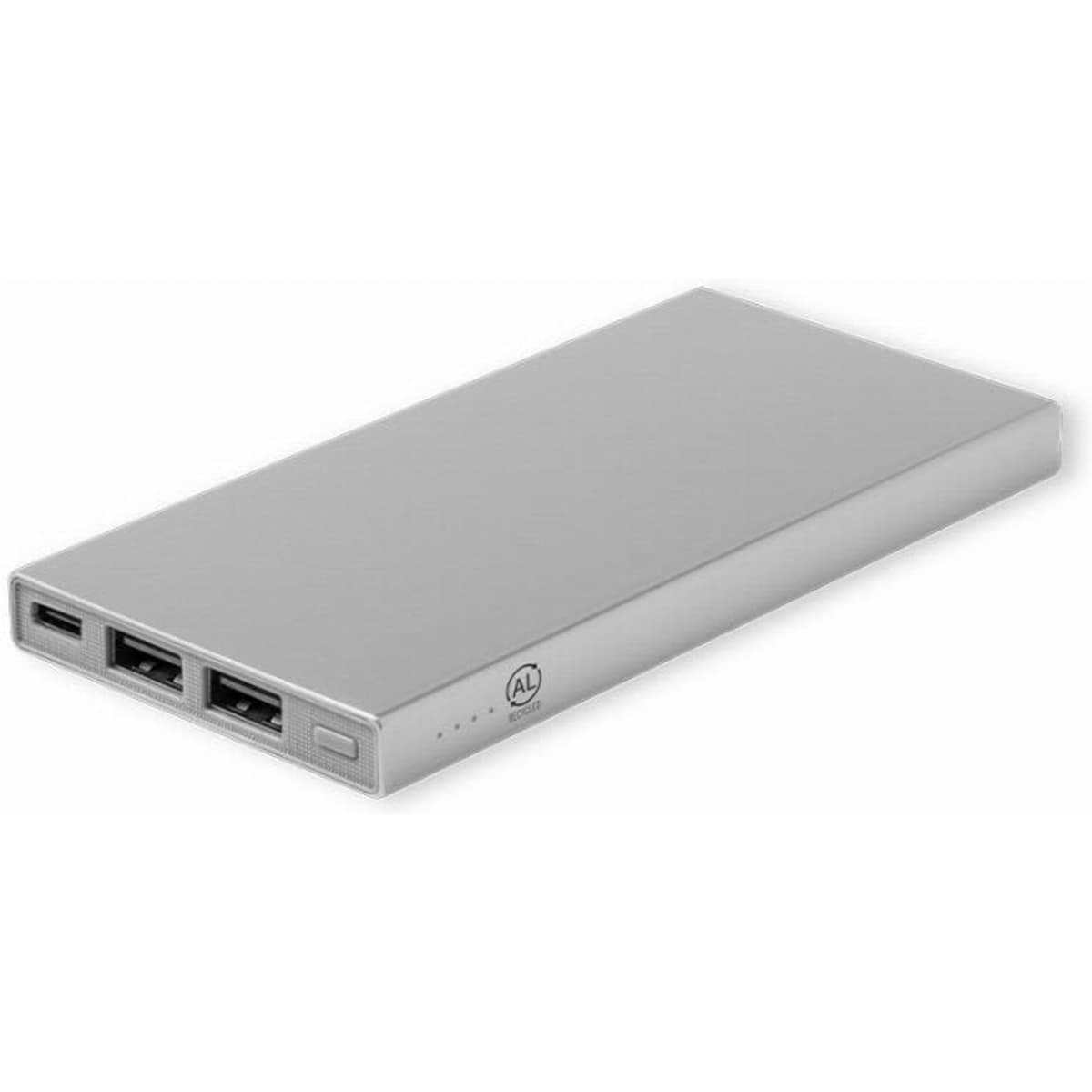 A portable power bank in silver, featuring three USB ports for charging devices and a small logo on one side.